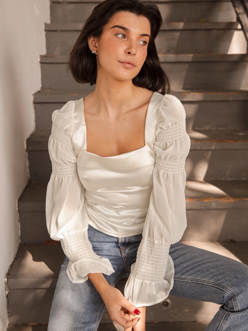 Lulu's Style Streak Ivory Satin Square Neck Tie Back Long Sleeve Top Large Gypsy